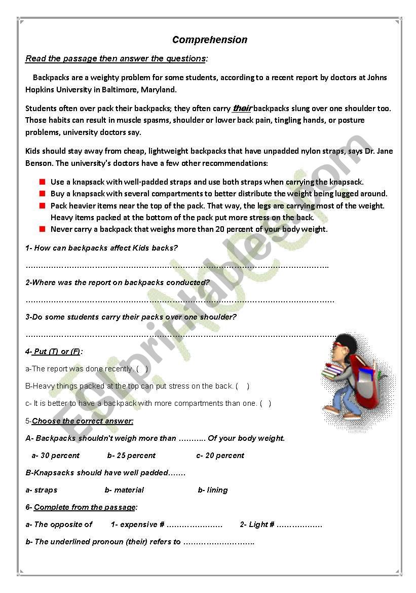 back packs comprehention worksheet