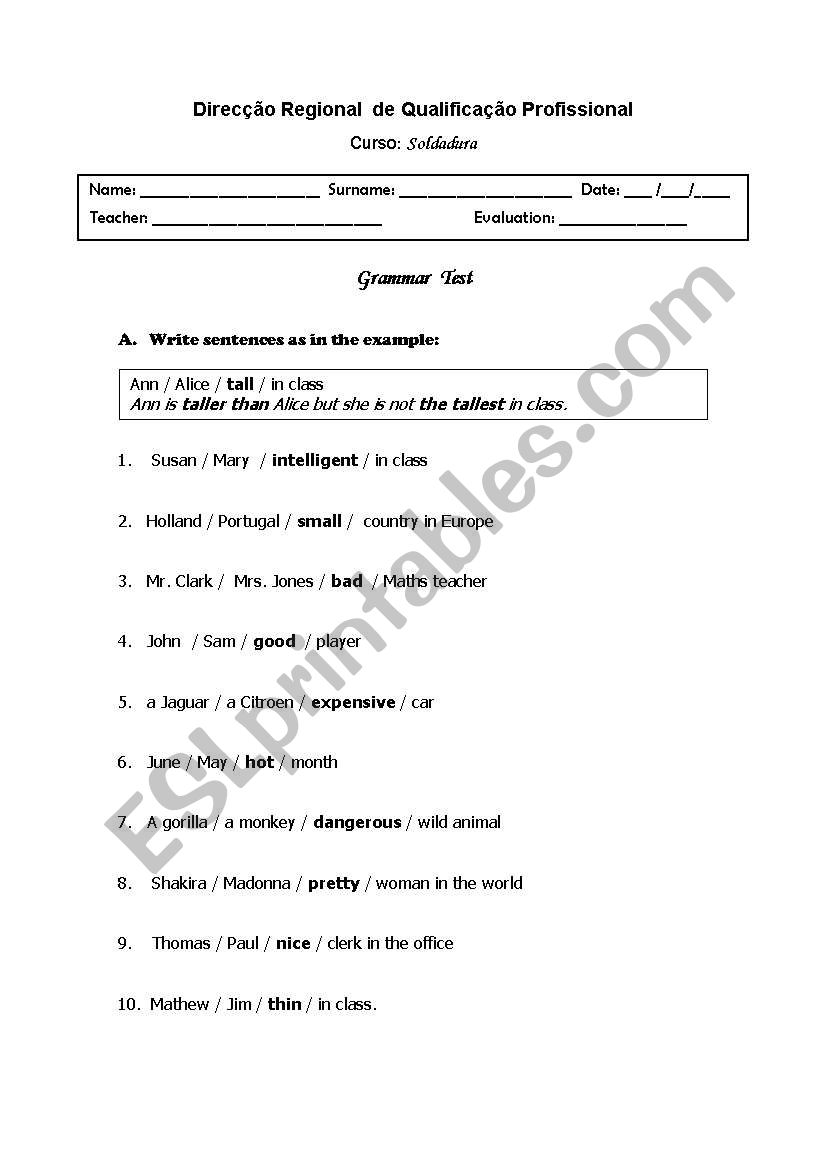 Comparative and superlative worksheet