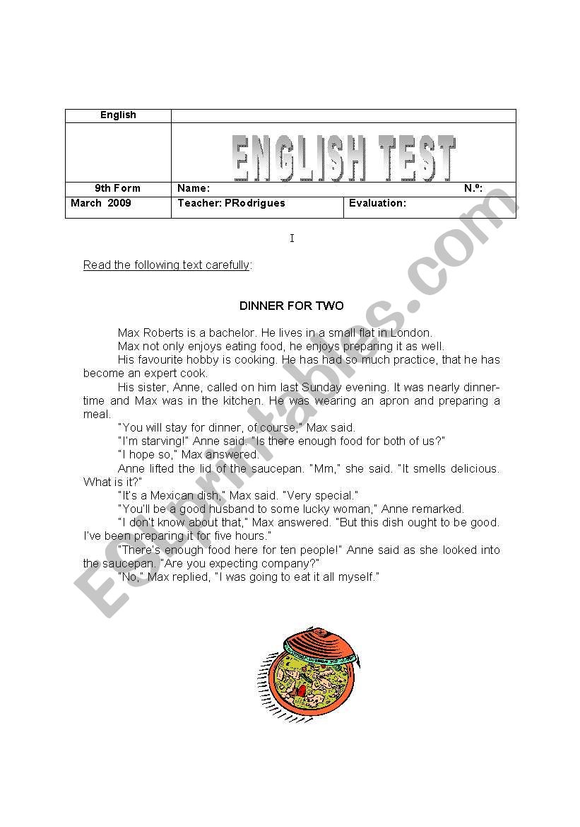 Test about food worksheet