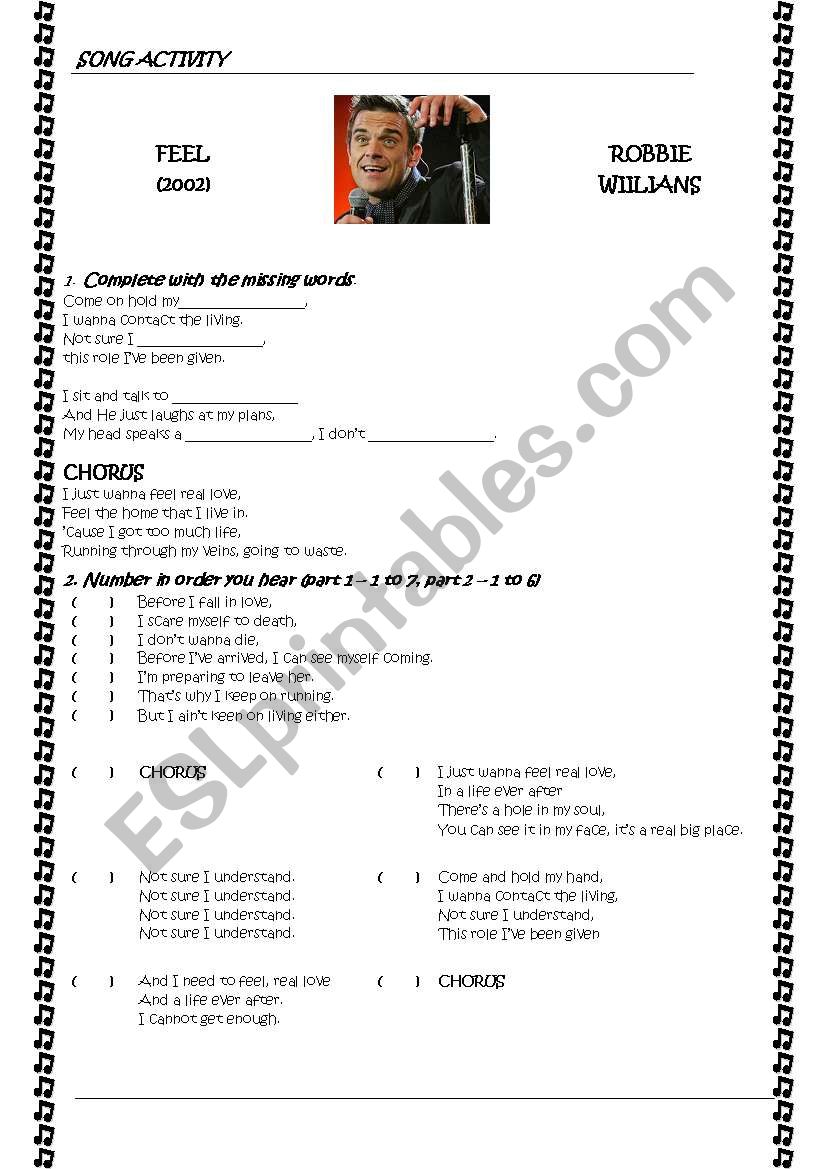 Feel - Robbie Williams worksheet