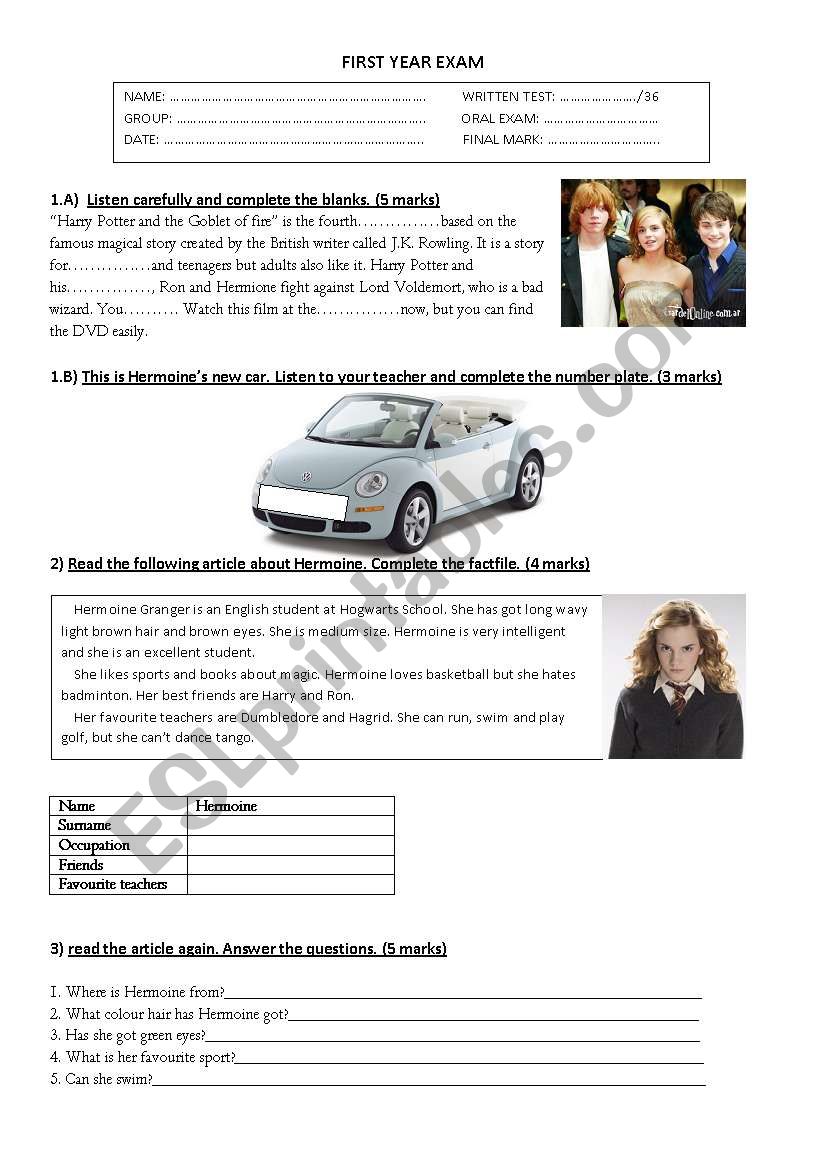 First Year Test/Exam worksheet