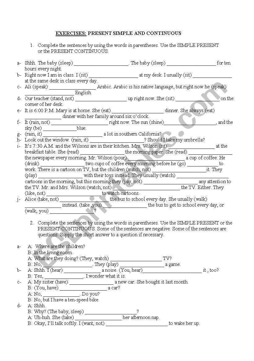 Present simple and continuous worksheet