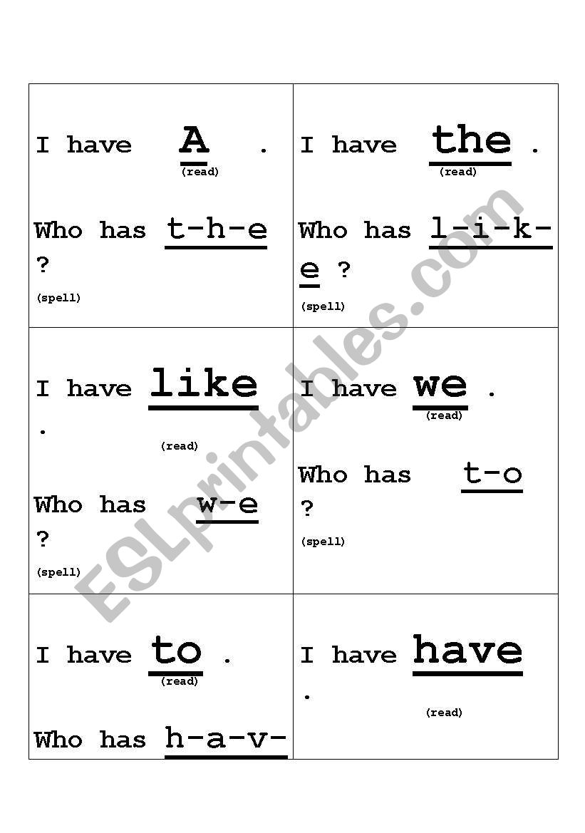 Sight word game worksheet