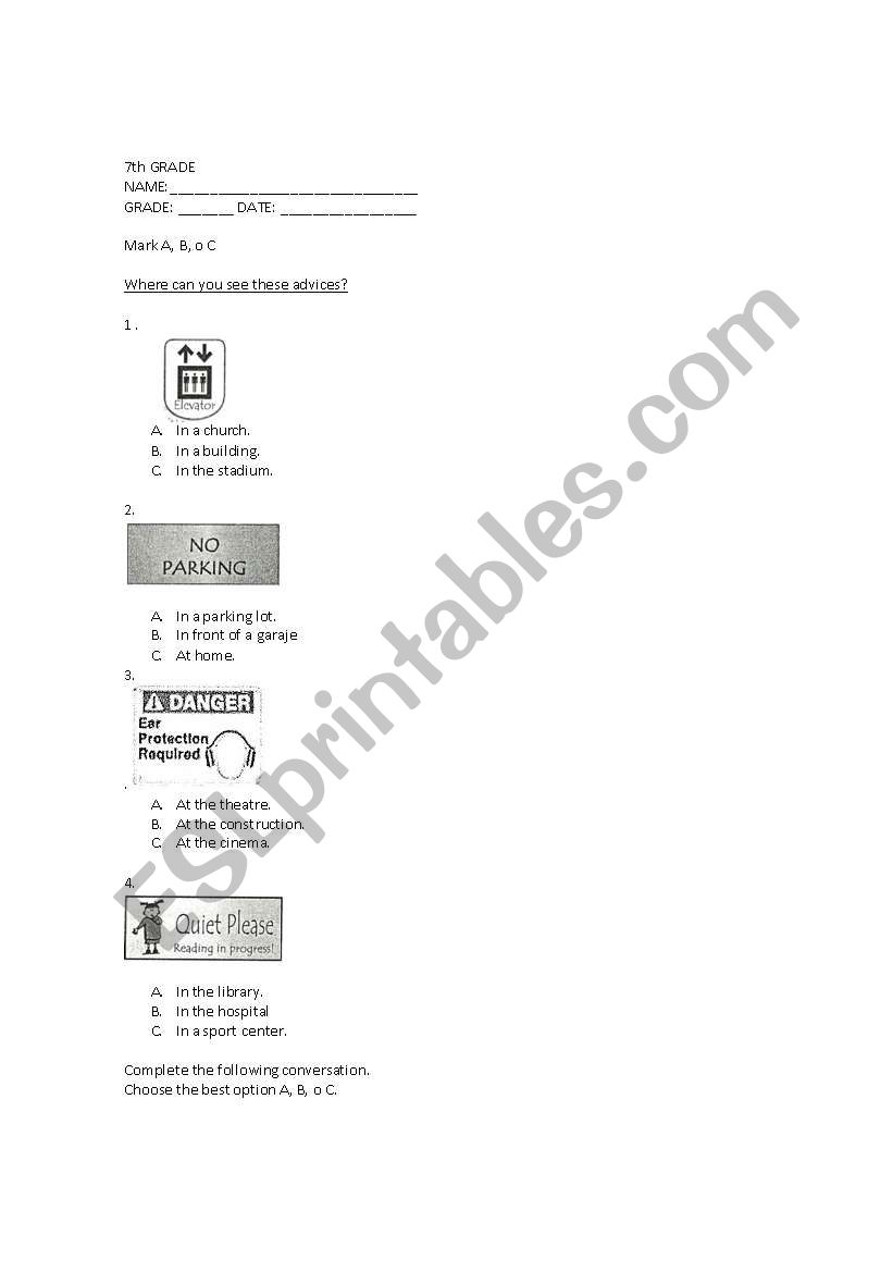 Test sixth or seventh grade  worksheet