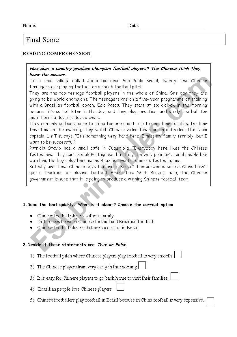 Reading Comprehension worksheet