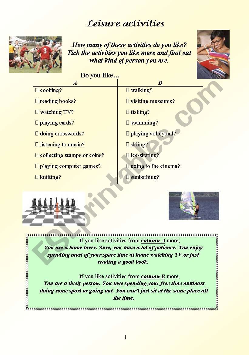 leisure activities worksheet