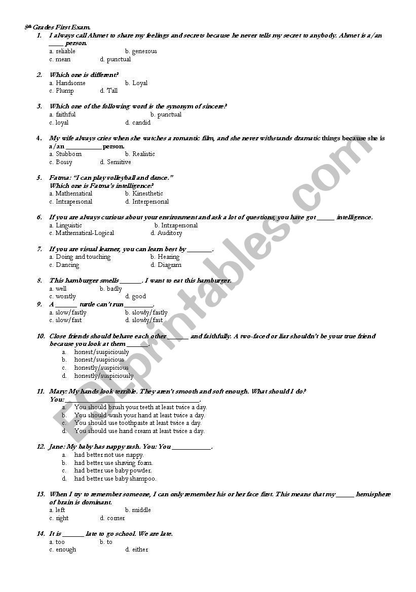 Eighth Grades First Exam Paper including unit 1-2-3