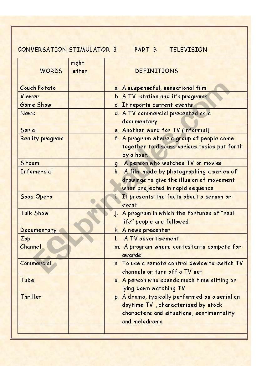 CONVERSATION STIMULATOR PART B TELEVISION
