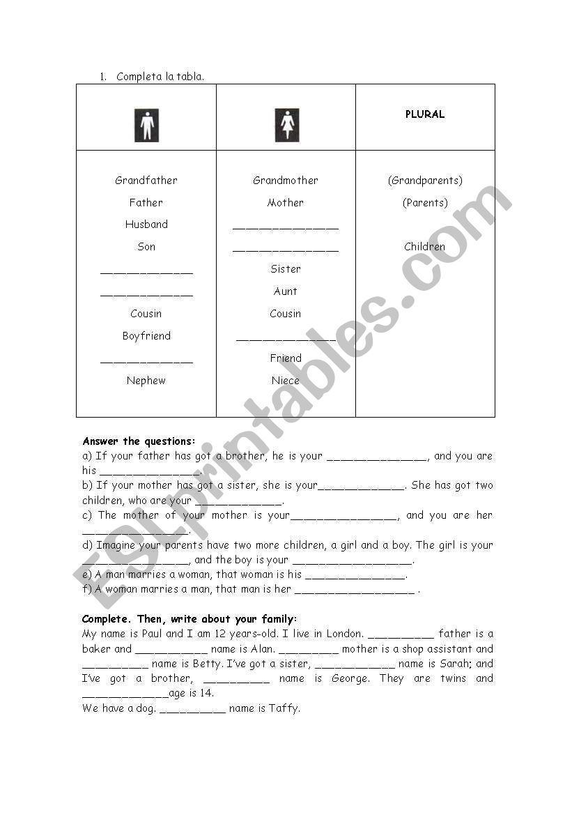 possessives and family worksheet