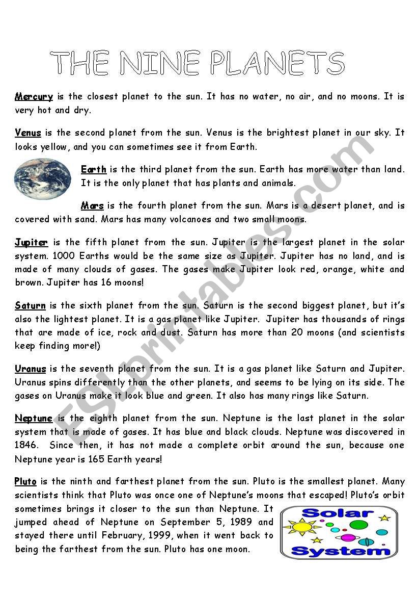 Planets info sheet worksheet