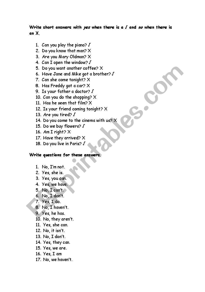 Short answers worksheet