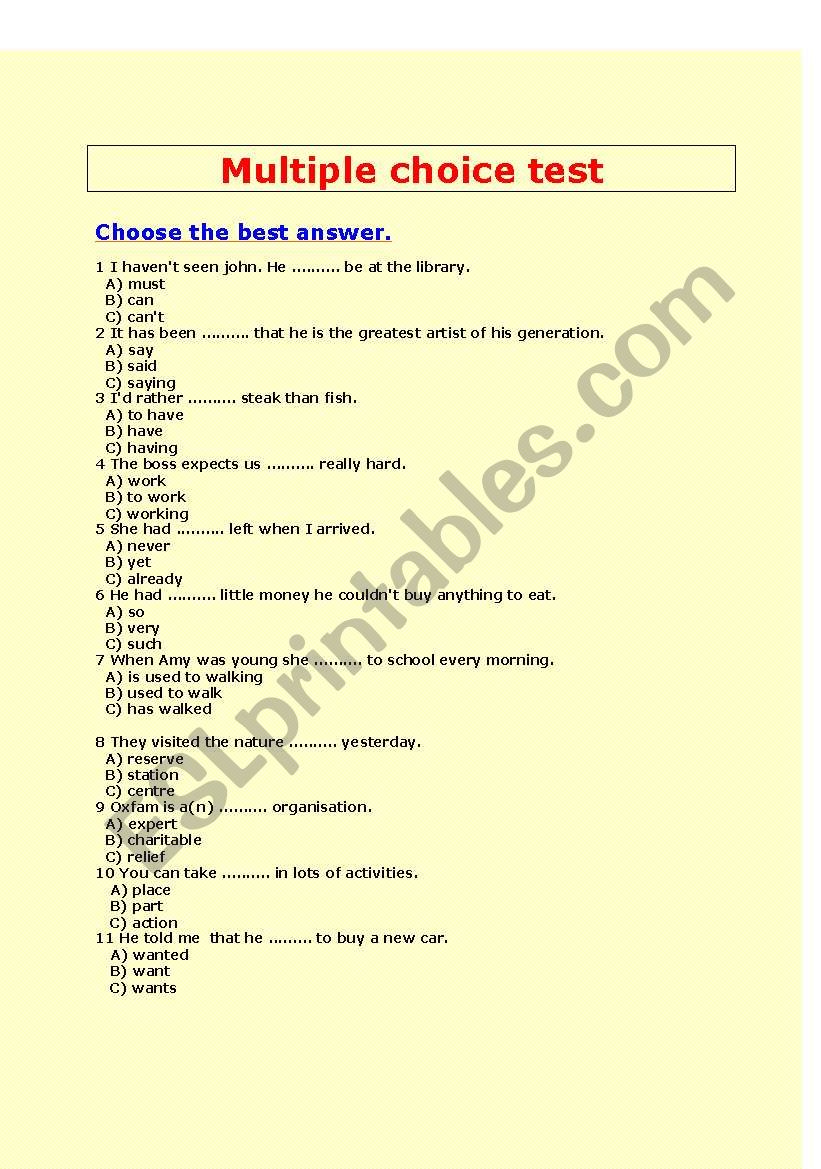   Multiple Choice Test with Answers