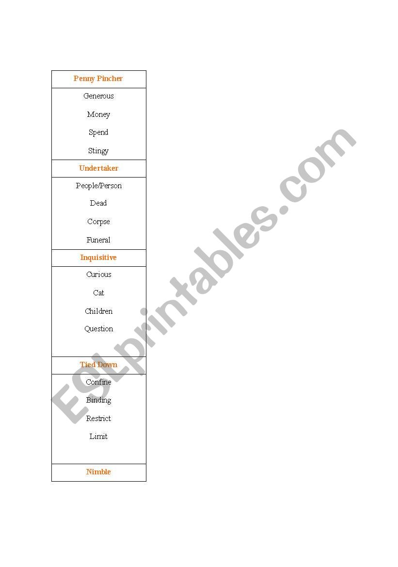 Taboo Cards worksheet