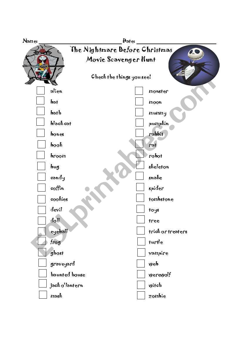 Nightmare Before Christmas Word Scavenger Hunt