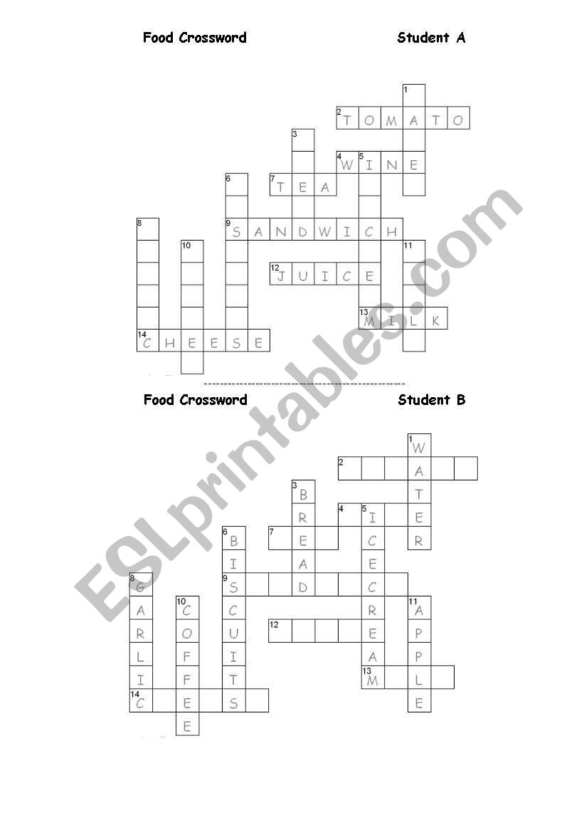 Food Crossword Pair work worksheet
