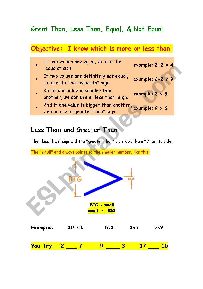 Greater Than or Less Than worksheet