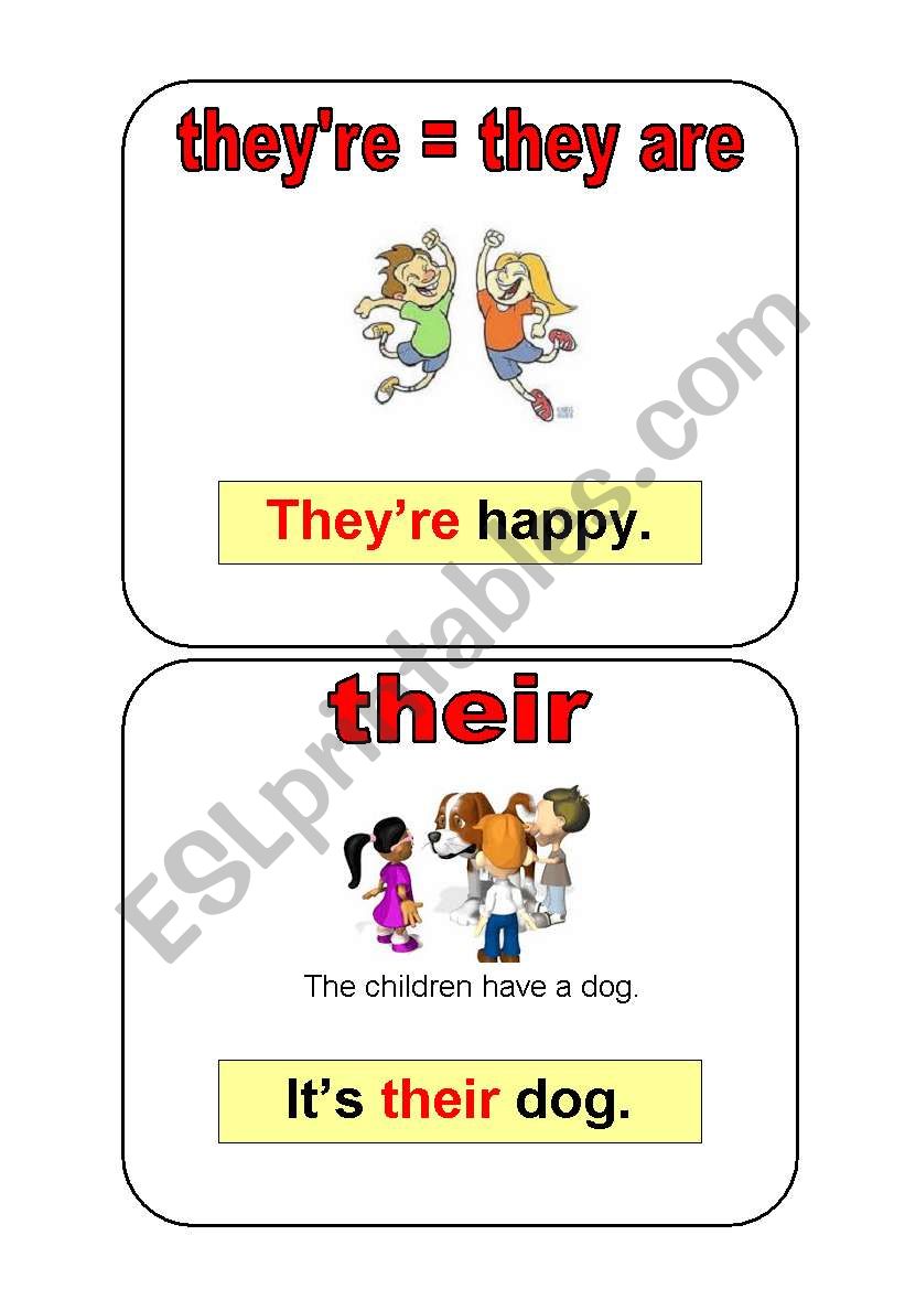 flashcards - theyre, their and there/here + prepositions (in, on, next to, under)