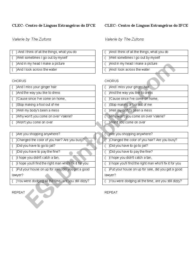 Song Valerie by The Zutons worksheet