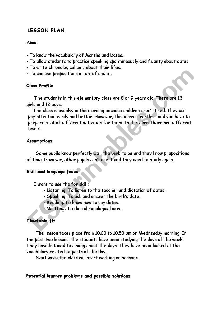 lesson plan- dates  worksheet