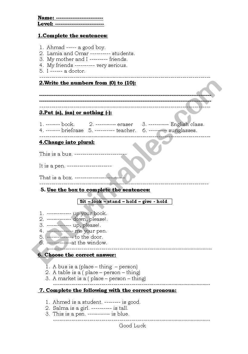 Beginners quiz worksheet