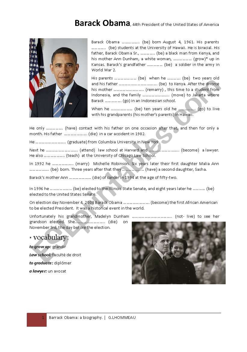 A biography of Barack Obama worksheet