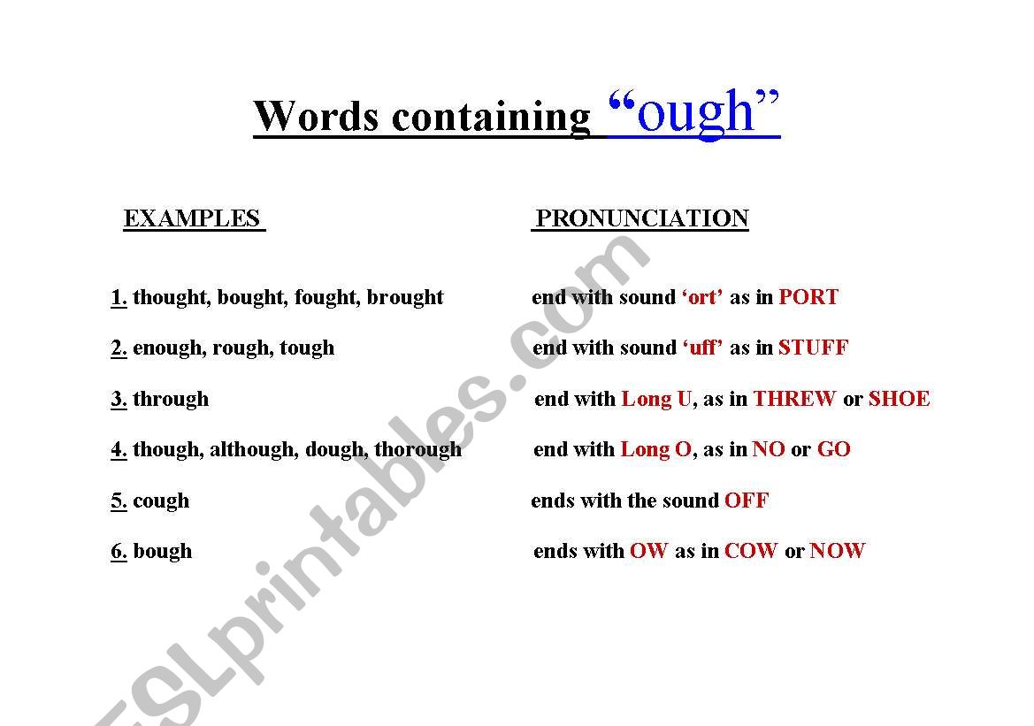 words containing ough worksheet
