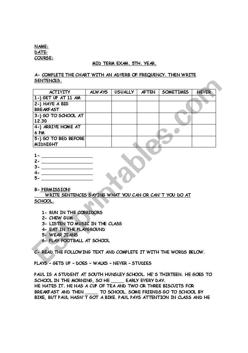 Simple present tense test worksheet