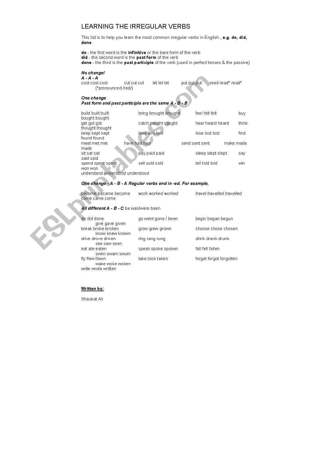 Irregular verb worksheet