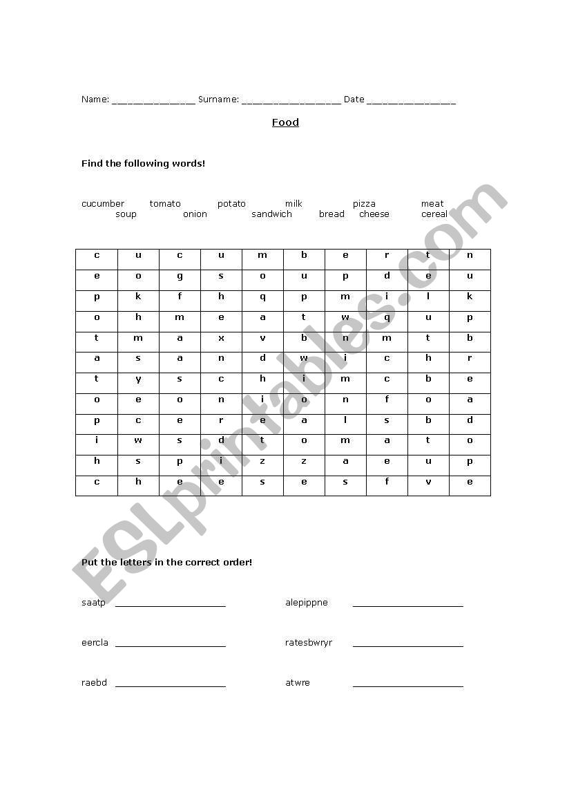 Food worksheet