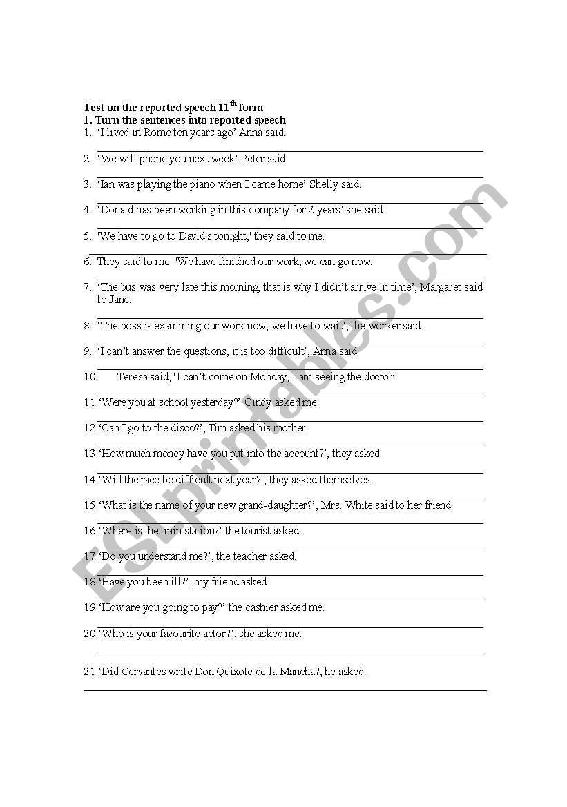 Reported speech worksheet