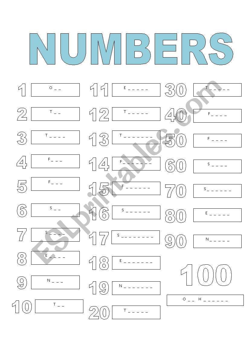 NUMBERS 1 TO 100 worksheet