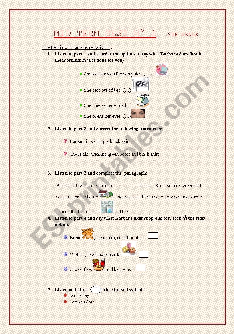 mid term test n 2 for the 9 th grade