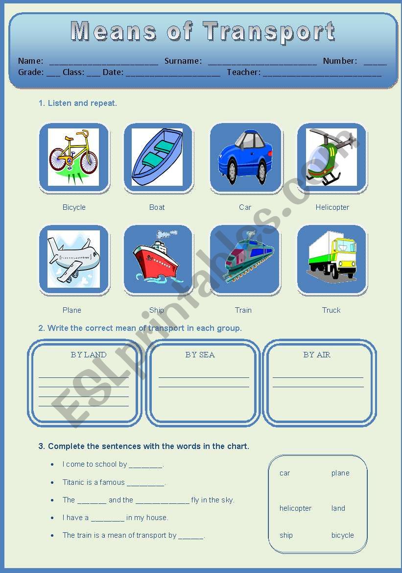 Means of Transport worksheet