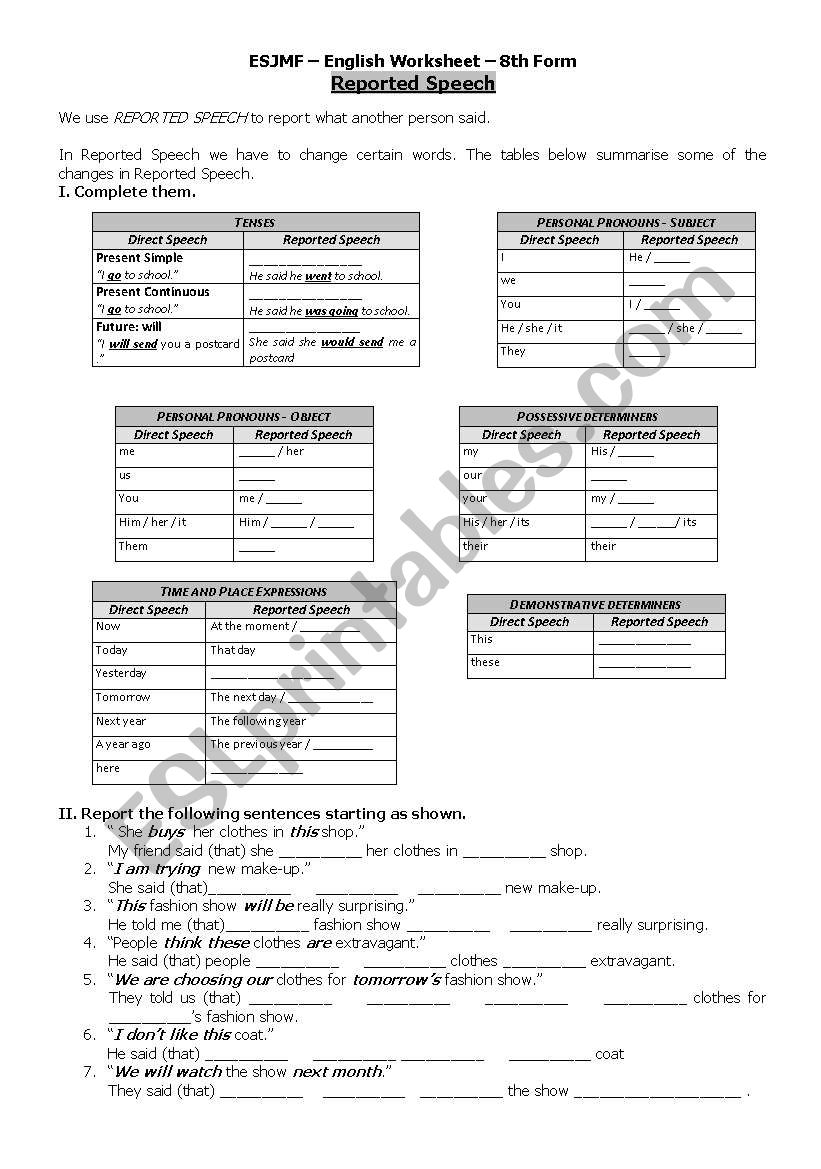 Reported Speech worksheet