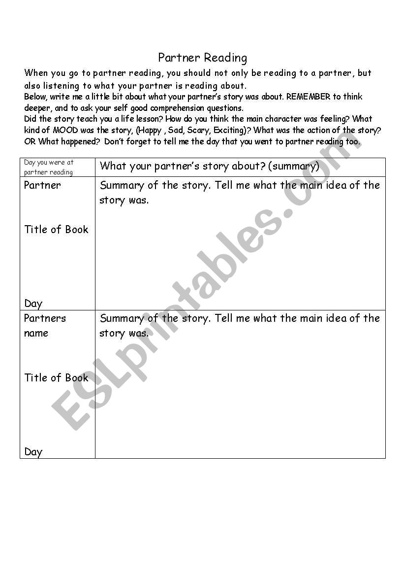 Daily 5 partner reading 1/2 worksheet