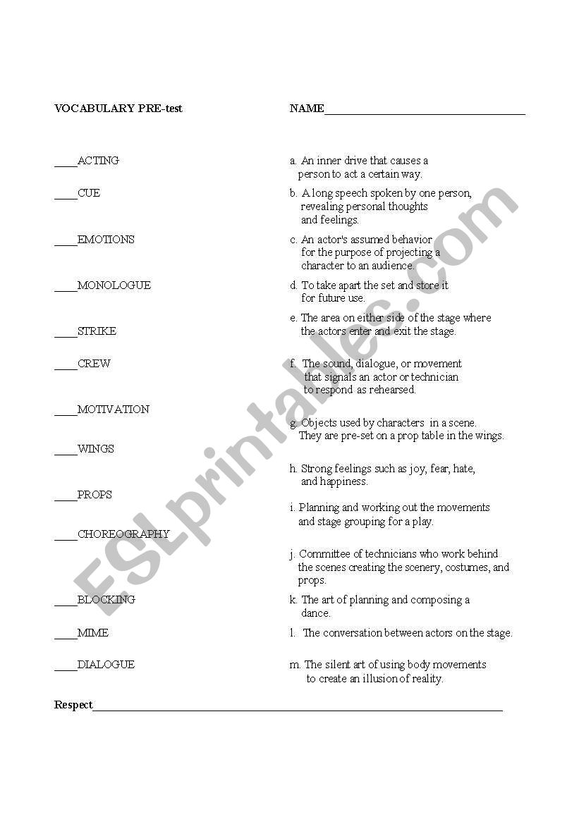 Theater Vocabulary Quiz worksheet