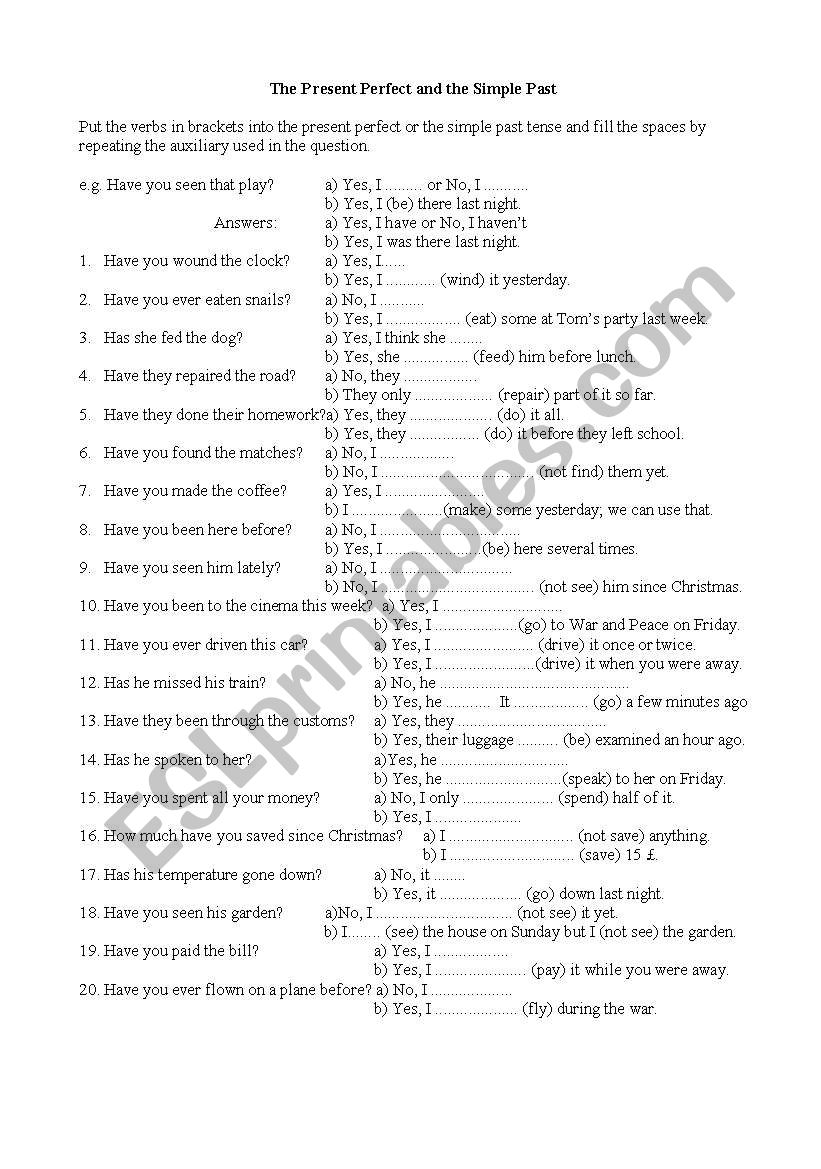 present perfect pasts imple worksheet