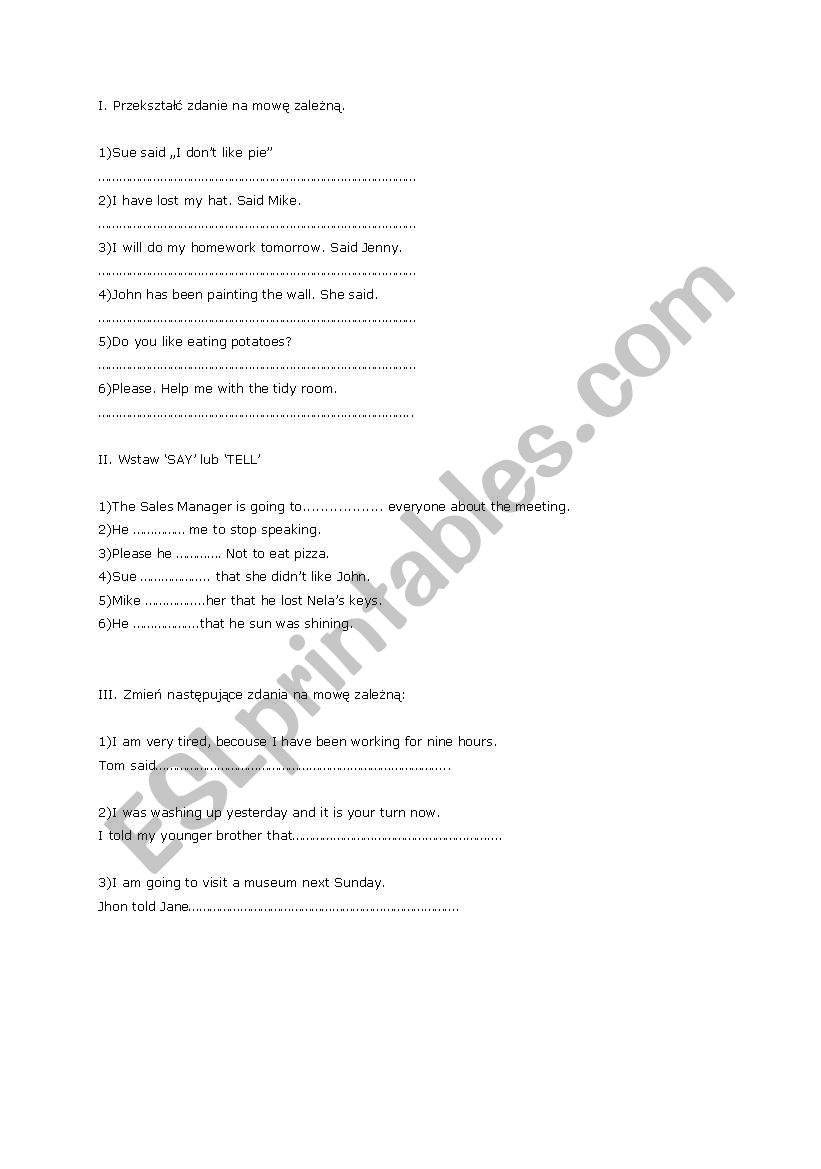 Reported speech- short test worksheet