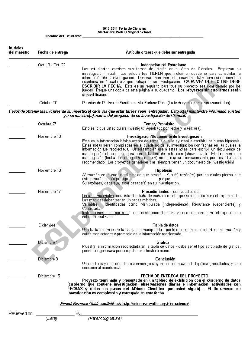 Science Fair worksheet