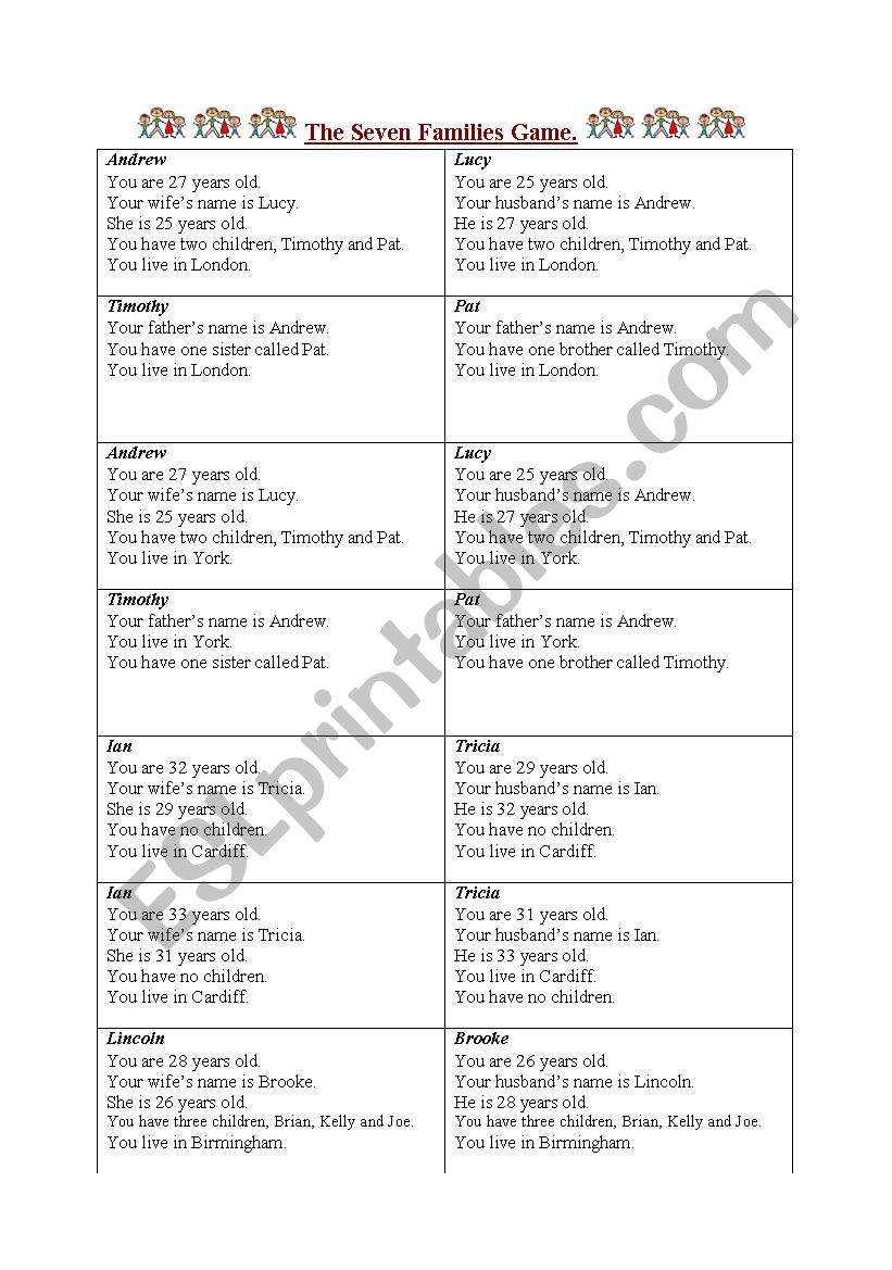 The seven families game worksheet