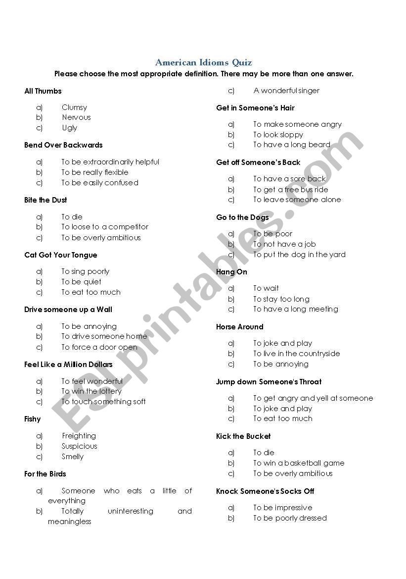 idioms quiz worksheet