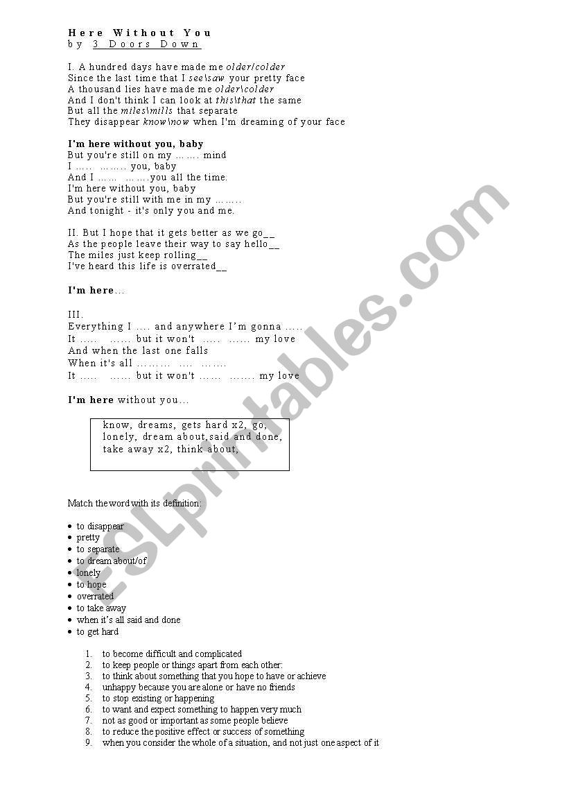 Here without you-lyrics worksheet