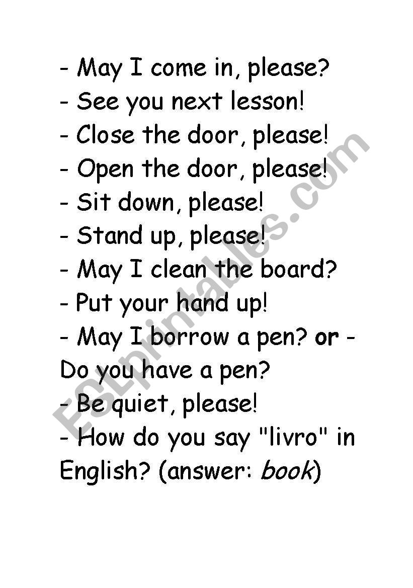 Classroom language worksheet