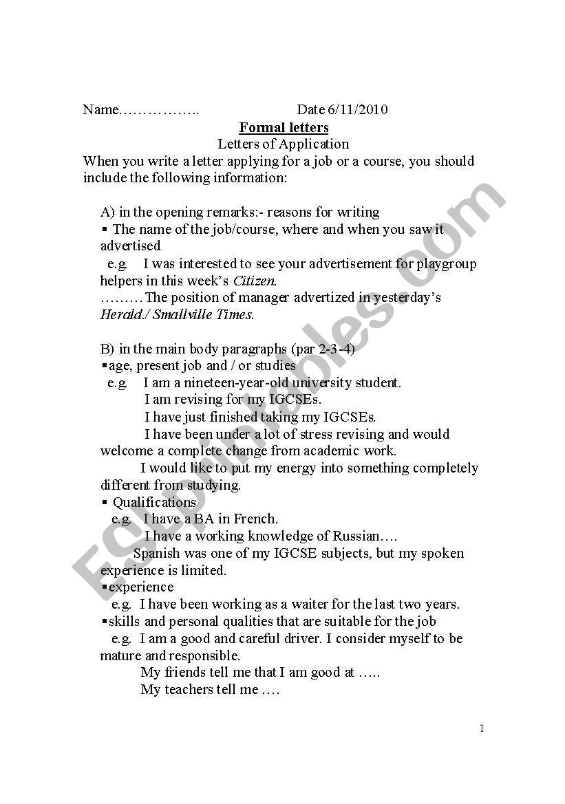 formal letter worksheet