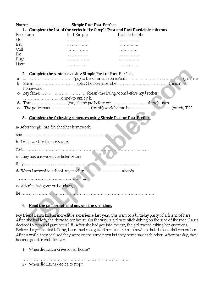 Past Perfect Simple Past worksheet