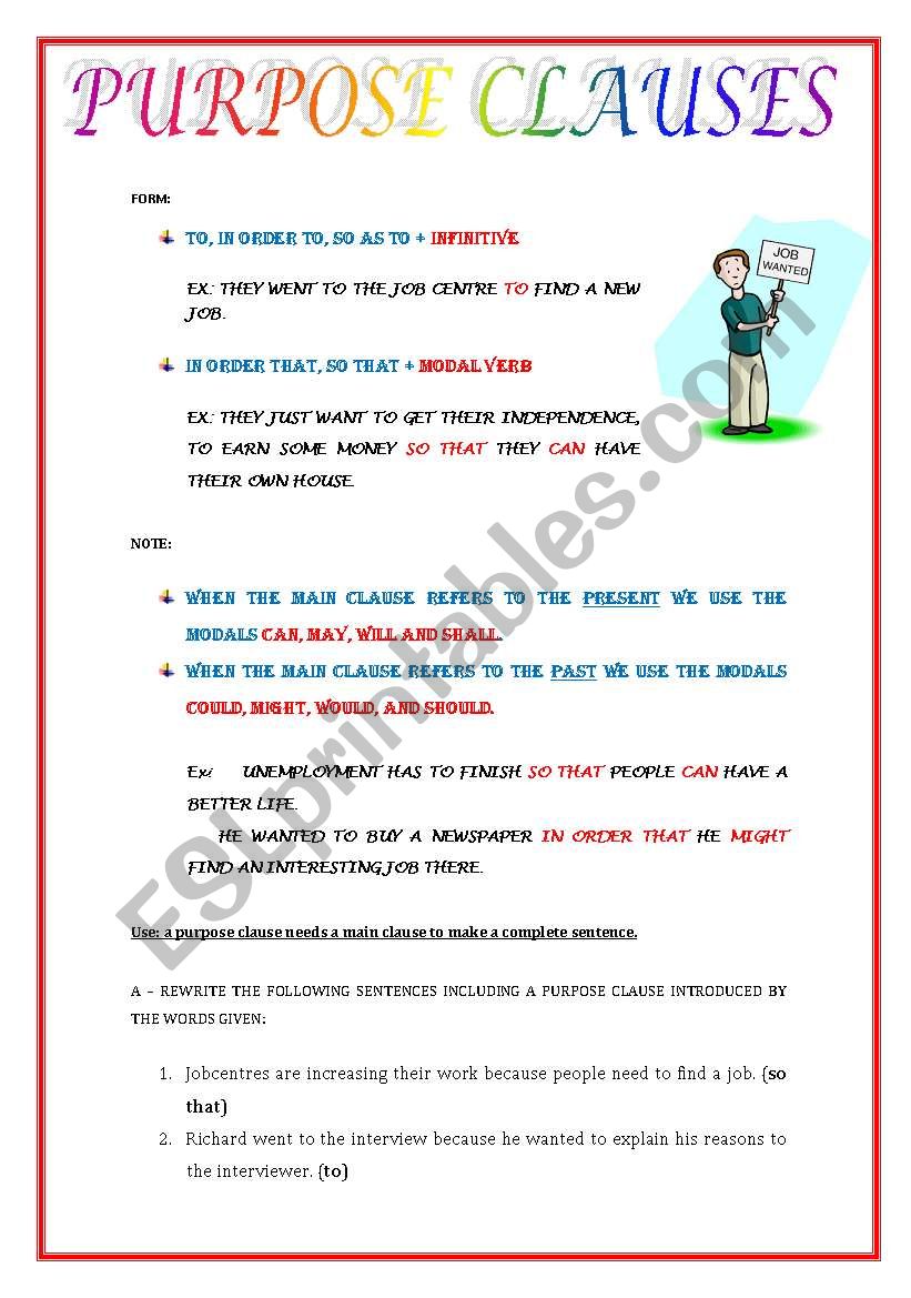 PURPOSE CLAUSES worksheet