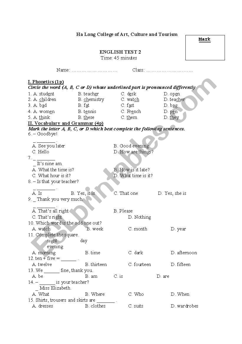 English written test worksheet