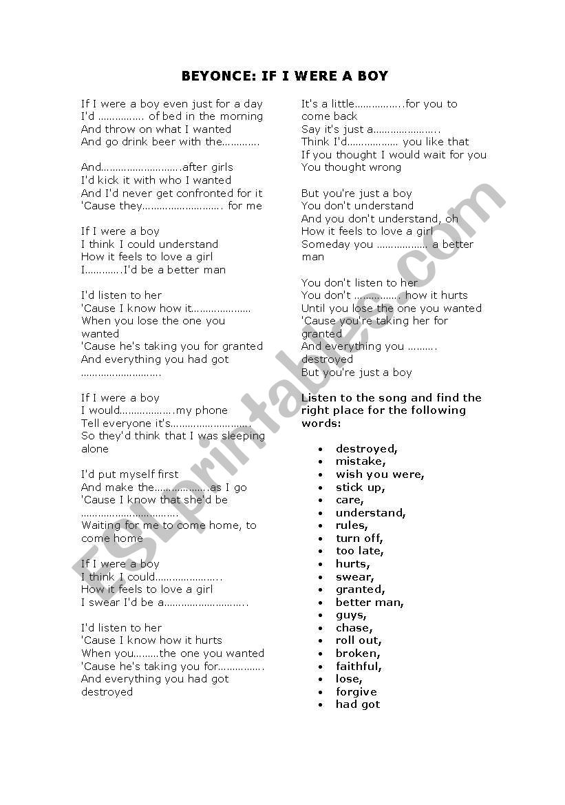 beyonce - if i were a boy  worksheet