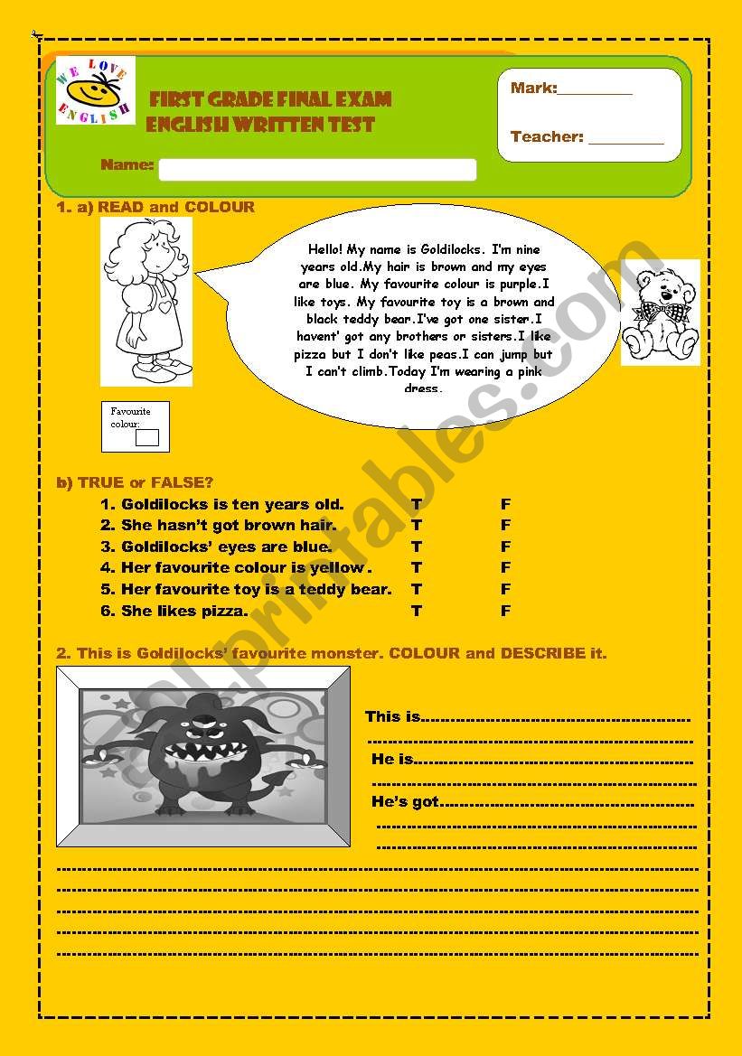 FIRST GRADE FINAL EXAM!!Reading comprehension+T or F activities+Prepositions+Descriptions+ Have got & Much More!