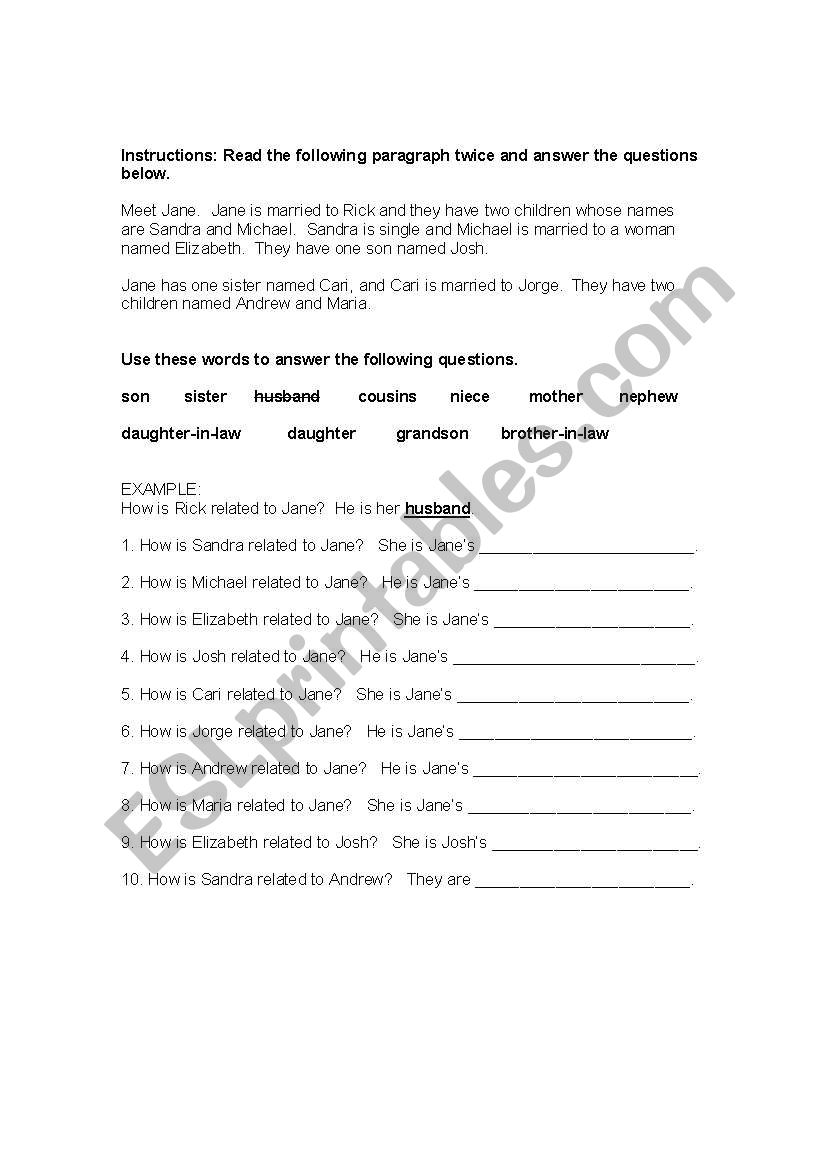 Janes Family worksheet